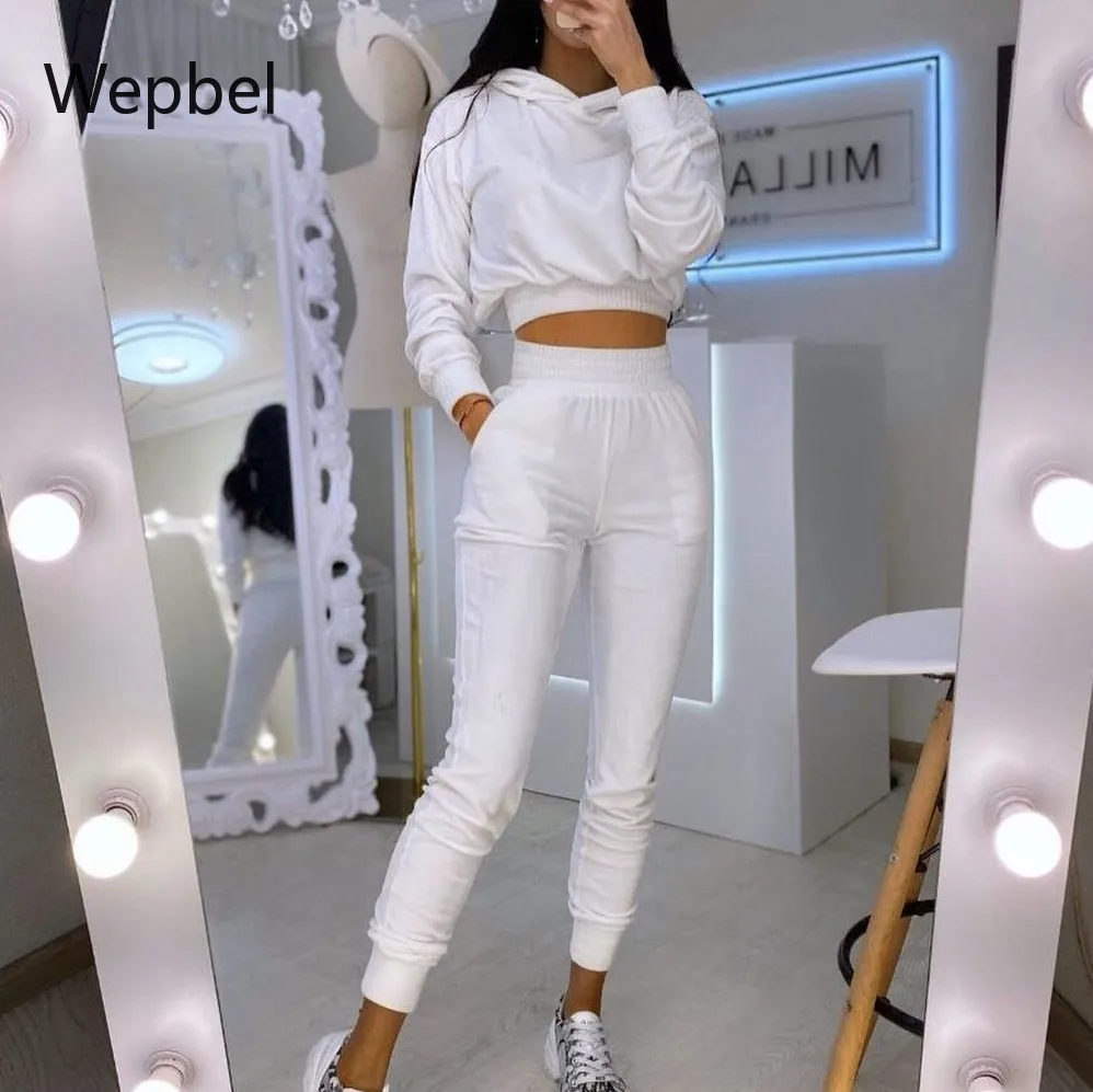 

WEPBEL Autumn Women Sets Long Sleeve Hoodies Top High Waist Pants Pure Color Sweater 2 Piece Suit Outfits Sports Women Sets