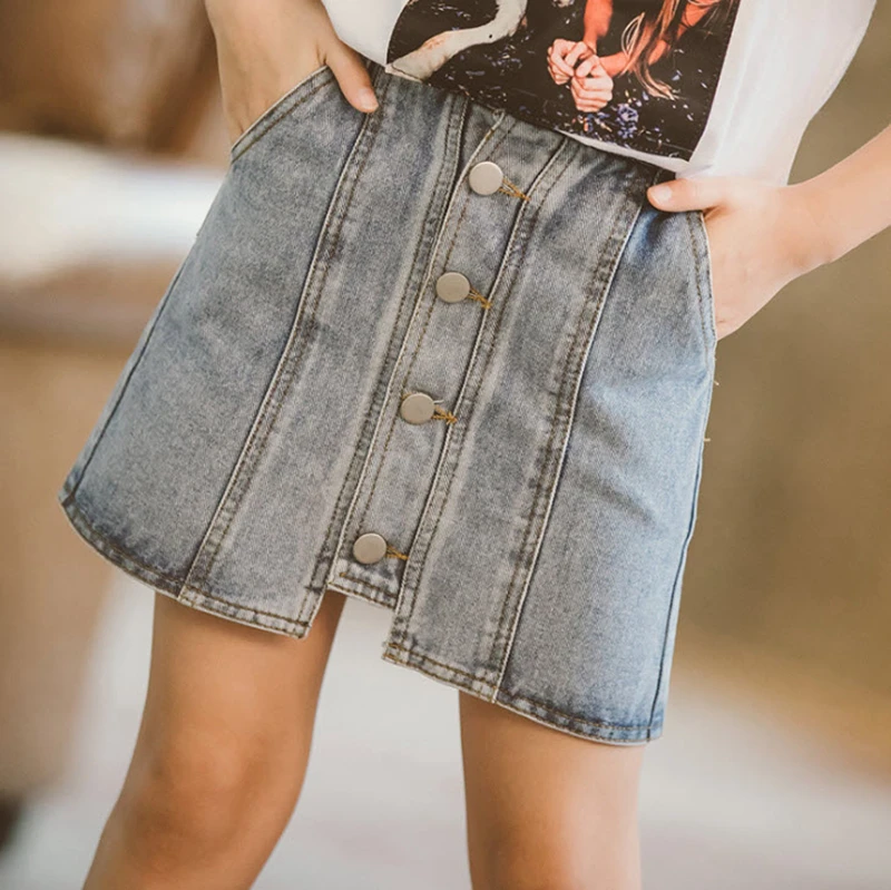 Girl Skirts Baby Girl Clothes New Casual Children Denim Skirt Kids Pockets Button Jeans Skirt For 3-15Years Girls GS58 - Цвет: Blue