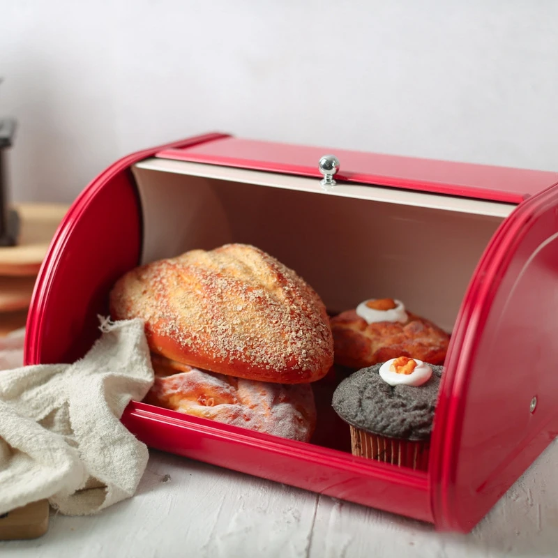 #^Special Price Red Bread Box for Kitchen Counter Bread Bin Storage Container for Loaves, Pastries, and More, Roll Up Lid Design