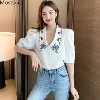 

2020 Summer Korean Chiffon Embroidered Short Blouses Shirts Women Puff Sleeve Peter Pan Collar Vintage Fashion Ladies Tops Blusa