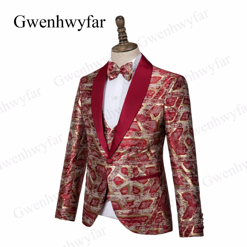 Gwenhwyfar Мужская мода шаль нагрудные 3 шт. набор красный жаккард свадебные костюмы жениха качество жаккард банкет смокинг для мужчин