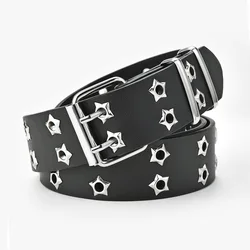 Fashion Men Women Punk Chain Belt Adjustable Black Double Single Star Eyelet Grommet Metal Buckle Leather Waistband For Jeans