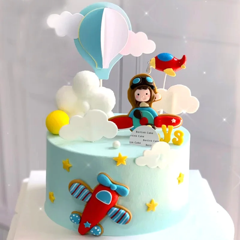 

Aviator Cake Topper Boy Astronaut Soft Pottery Airplane Cloud Hair Ball Insert Baking Supplie Children's Day Birthday Decoration