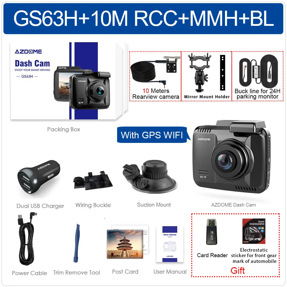 AZDOME Dash Cam GS63H 4K Встроенный gps скорость WiFi Автомобильный видеорегистратор Двойной объектив Автомобильная камера видеорегистратор ночного видения 24H Park - Название цвета: GS63H-10M RCC-BL-MMH