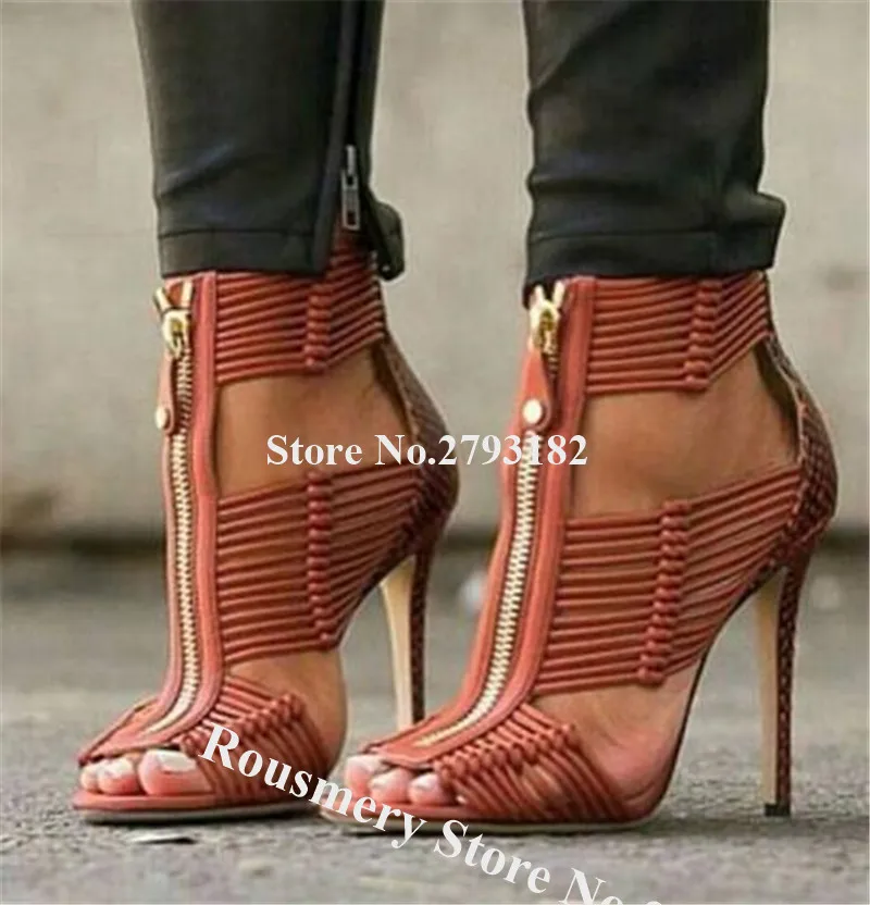 

Brand Design Women Open Toe Thin Straps Cross Stiletto Heel Gladiator Sandals Wine Red Black Knotted Zipper-up High Heel Sandals