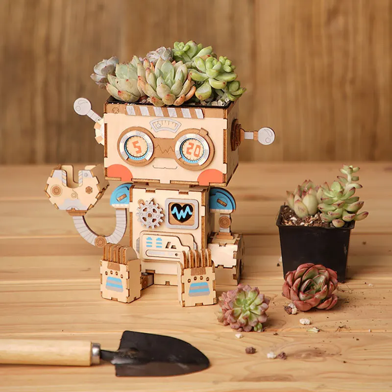 Creative DIY 3D Puzzle Cartoon Robot Flower Pot for Succulent Wooden assembly Desktop Home Garden Succulent Box education puzzle