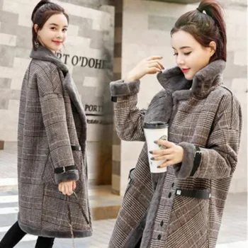 

Houndstooth Woolen Coat Winter Jacket Women Faux Fur Coat Women New Women's clothing Velvet Thick Warm Womens Woollen Coats