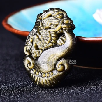 

Beautiful Natural Gold Obsidian Handmade Carved RuYi Dragon Lucky Amulet Pendant + Black Beads Necklace Fashion Jewelry