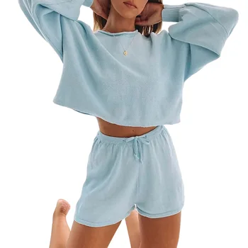 

Women 2 Piece Set Autumn Warm Stretch Knit O Neck Long Sleeve Crop Top Drawstring Elastic Waist Wide Leg Shorts Sets 2020 Y2K