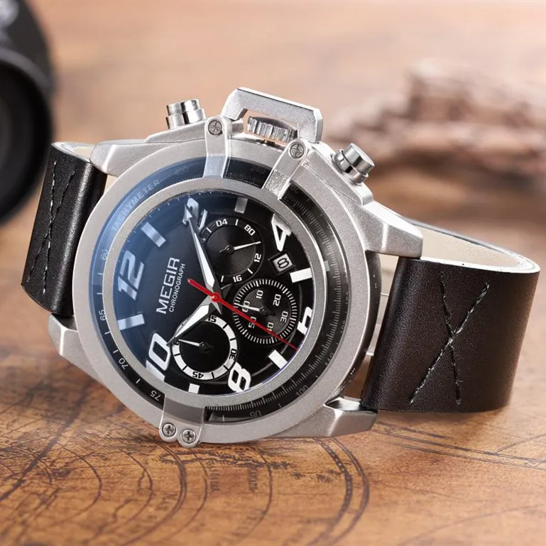 

Creative MEGIR Men's Fashion Sport Watches Men Chronograph Quartz Clock Man Leather Military Waterproof Watch Relogio Masculino