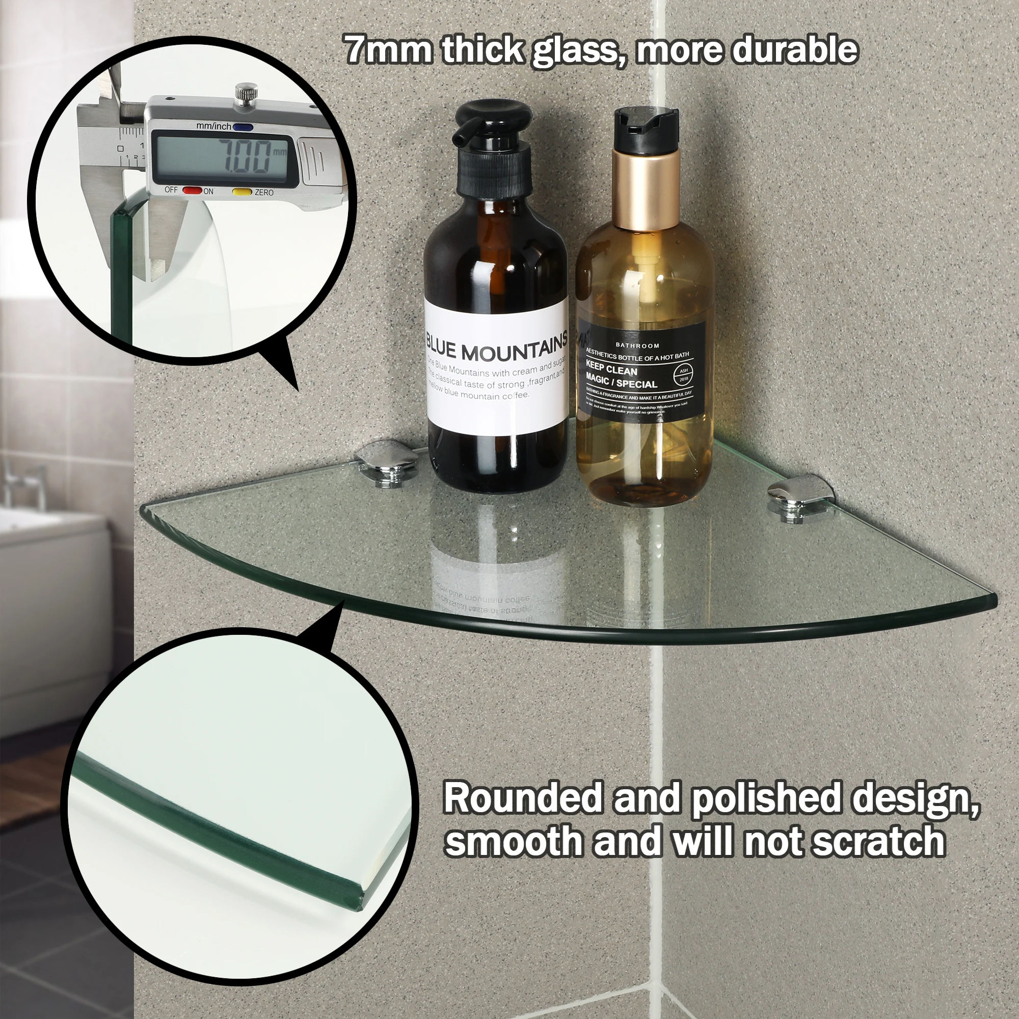 AlaKong Set of 3 Shower Corner Shelf Wall Mount Tempered Glass Shelves for Bathroom Corner Shelves Shower Wall Caddy Shampoo Holder Org