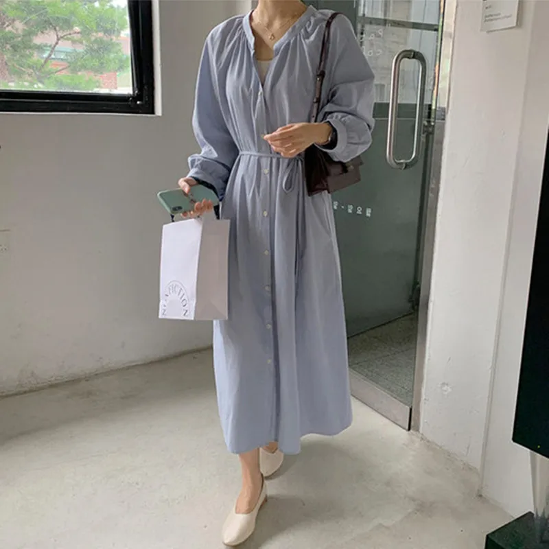 

Johnature New Simple Women Dresses 2023 Spring Korean Loose V-neck Solid Color Tie Single-breasted Female Dress