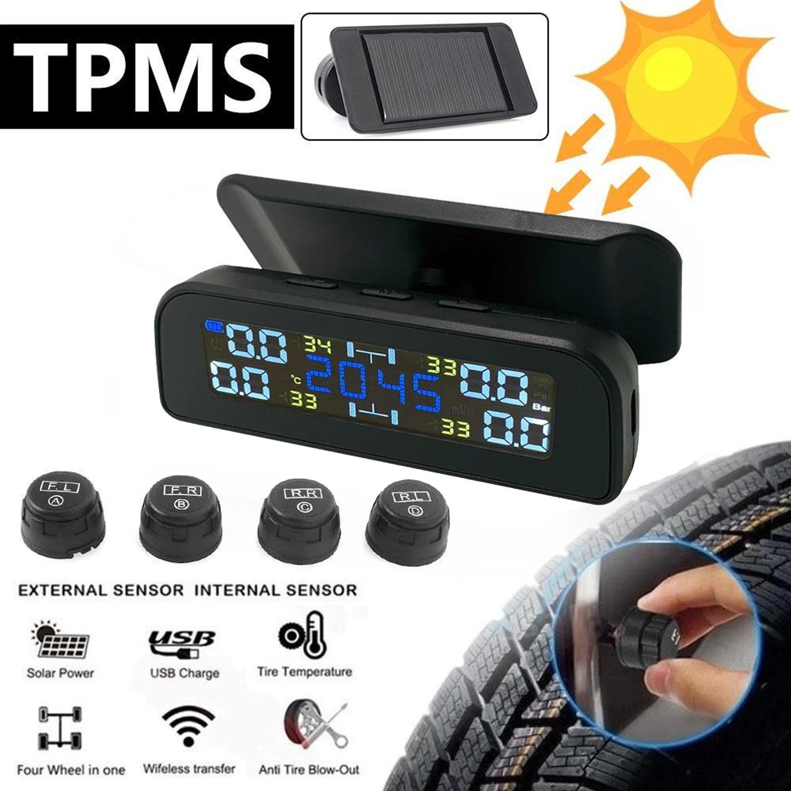 Car Tire Pressure Sensor TPMS Auto Tyre Pressure Monitor System USB Solar Charging Fuel Save Security Alarm Digital LCD Display