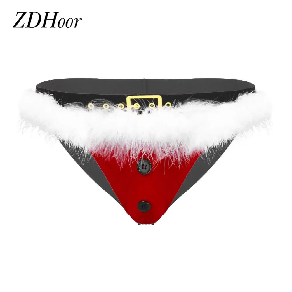 Christmas Panties Mens Sexy Velvet Underwear Lingerie Low Rise Open Butt Santa Cosplay Jockstrap G-string Thong Briefs | Тематическая