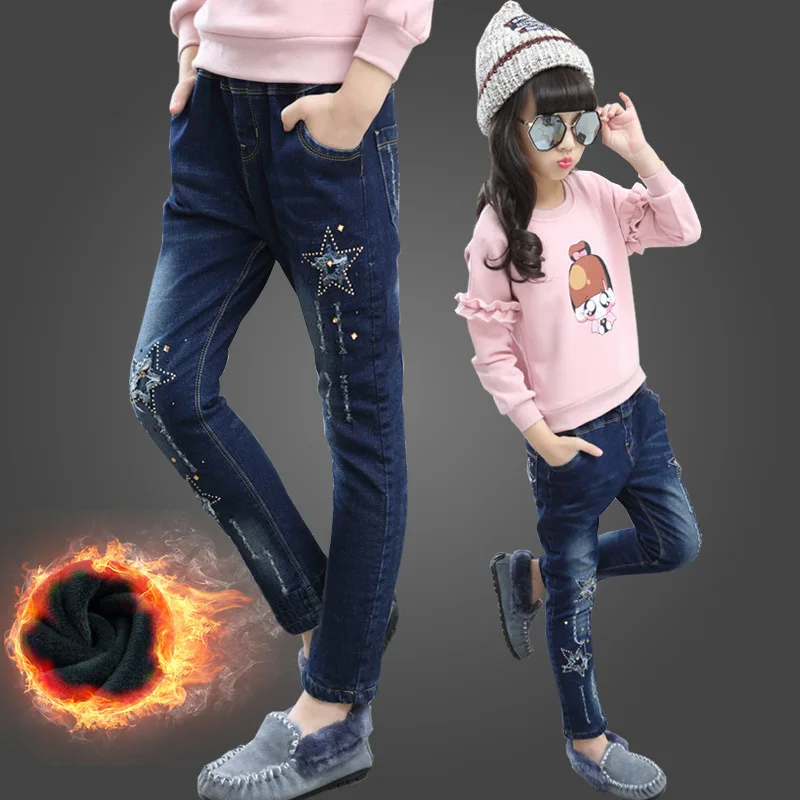 

Girls plus Velvet Jeans Middle And Large Children Young STUDENT'S Diamond Set Five-pointed Star Jeans Skinny Elasticity Slim Fit