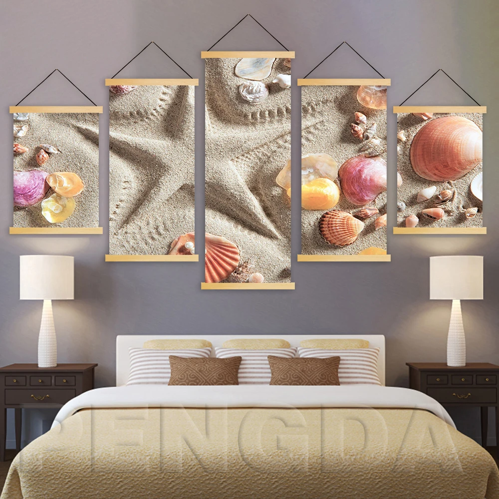 

Home Decor Print Nordic Canvas Picture Wall Art 5 Pieces Beach Shell Coconut Tree Poster Wooden Scroll Hanging Painting Bedroom