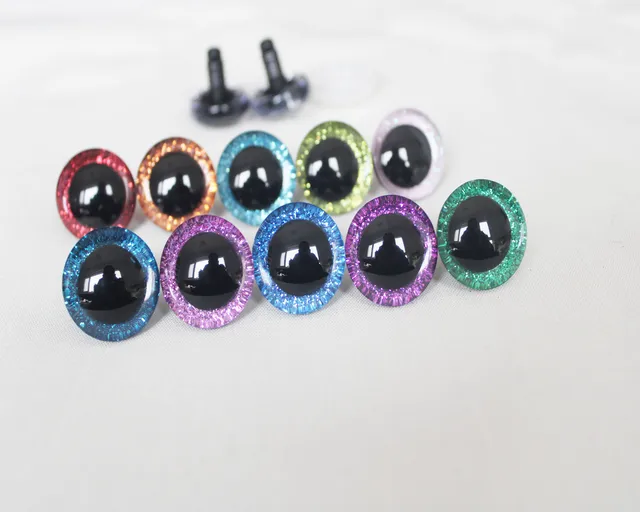 20pcs---9-12-14--16-18- 20 -24--30-35mm clear 3D glitter eyes plastic safety toy eyes long stem + glitter fabric + washer 5