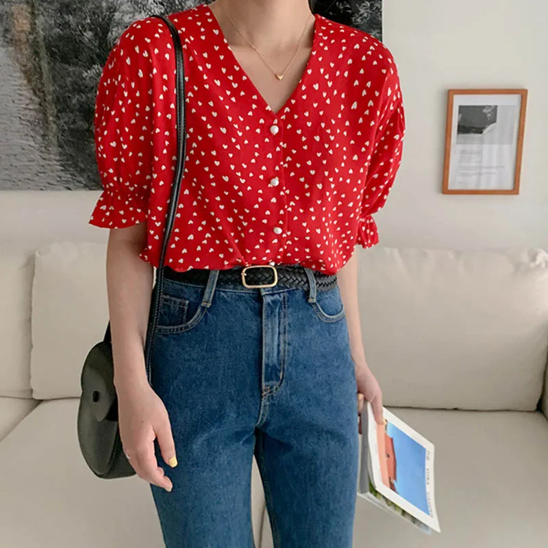 

Casual V-Neck Fashionable Single Breasted Women'S Blouse 2020 Summer New Vintage Pagoda Sleeve Simple Shirts Print Sweet Tops