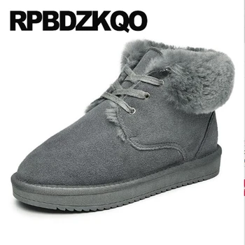 

designer flat round toe 2019 brown winter snow boots women ankle faux fur grey shoes australian booties lace up suede gray plush