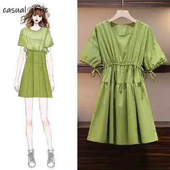 

Summer Loose Solid Color Plus Size Short Sleeve Green Causal Women Dress 2019 New Cute Sweet Elegant Korean Mini Party Dress