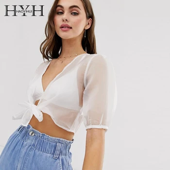 

HYH Haoyihui Summer Fashion Female Clothing Sexy Style Perspective Lace-up Solid Five-point Sleeve Short Tunic White Top Shirt