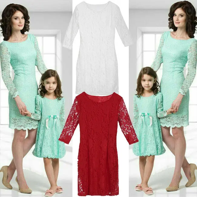 Mom&Me Family Matching Long Sleeve Lace Wedding Party Dress for Mother Daughter