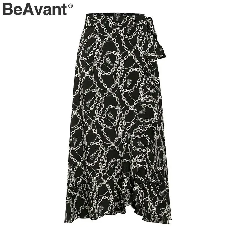 BeAvant, Летние Юбки-миди черного цвета, женские,, с принтом, на шнуровке, высокая мода, с запахом, сексуальная юбка, женская, весенняя, трапециевидная, юбки, для отдыха, для девушек