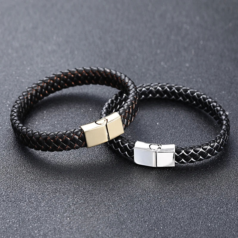 2019New Men Jewelry Punk Black Blue Braided Leather Bracelet for Men Fashion Bangles GiftsStainless Steel Magnetic Clasp