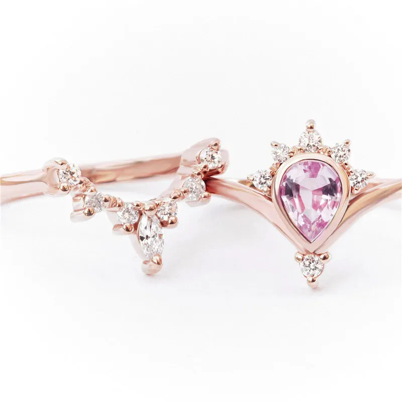 Благородный нежный в форме капли розовый циркон женские кольца из розового золота набор модный мозаичный Циркон Обручальное ювелирное изделие подарок