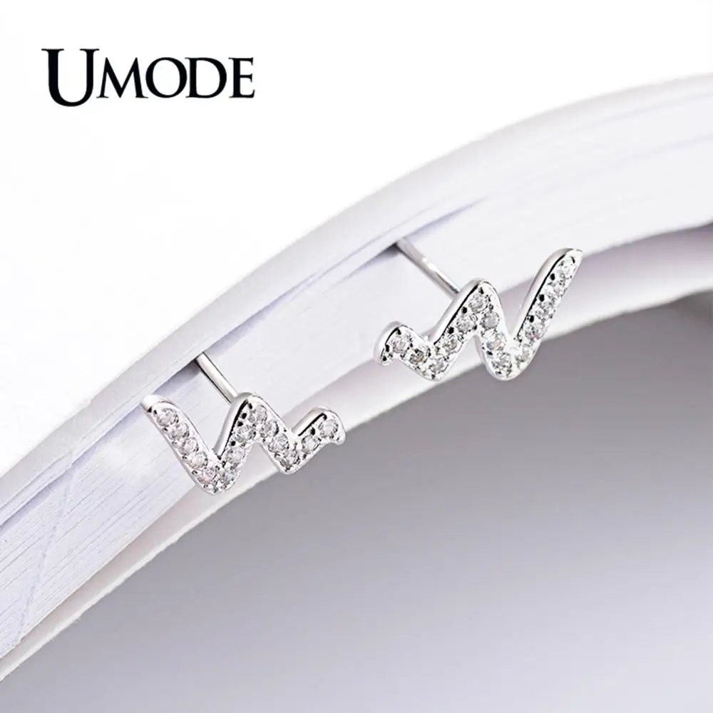 UMODE New 925 Sterling Silver W Letters ECG Stud Earrings for Women Unique CZ Zircon Party Silver Jewelry Brincos ALE0623