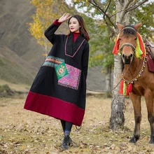 Женское хлопковое льняное платье с вышивкой, винтажные халаты, теплые, зима, новинка, пэчворк, а-силуэт, женская одежда, плотные платья