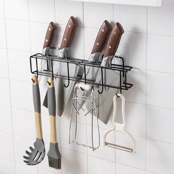 

Creative Kitchen Knife Storage Rack Wall-mounted kitchenware Iron Draining Shelf with Hooks