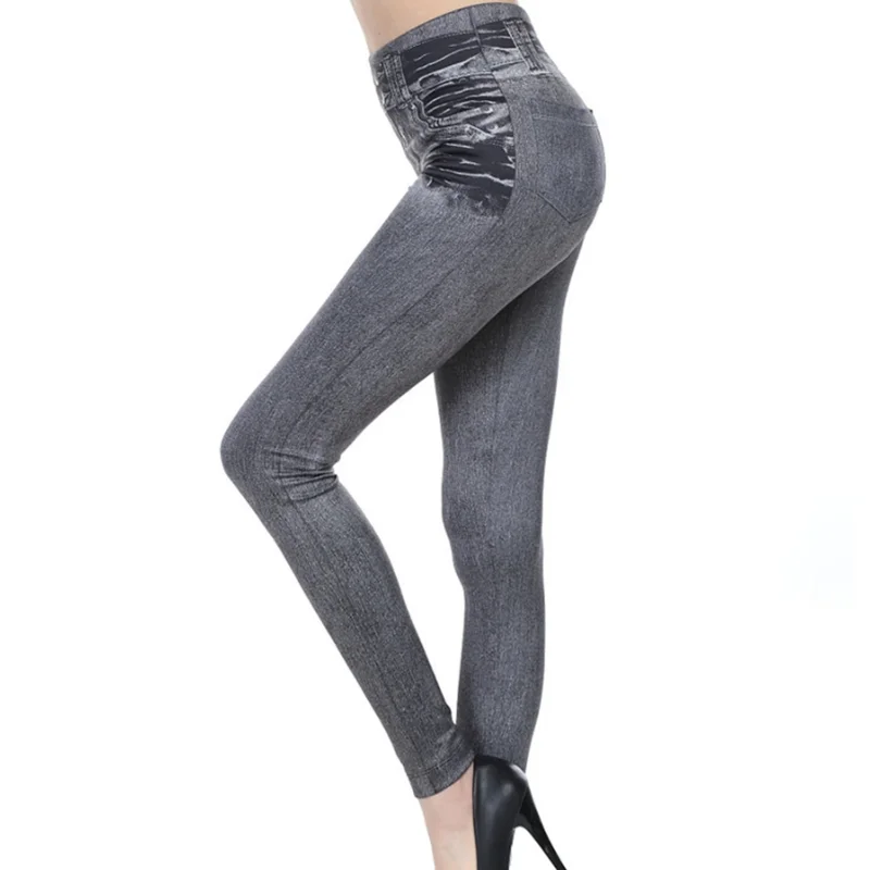 tiktok leggings amazon Fashion Women's Leggings Faux Denim Jeans Sexy Elastic Jeggings Soft Casual Thin Pencil Pants Stretch Well Fitness Fake Pockets grey leggings