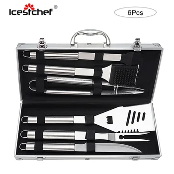 

ICESTCHEF 6Pcs Stainless Steel Barbecue Tool Set Outdoor BBQ Grill Utensils Set Cooking Utensil BBQ Accessories With Carry Bag