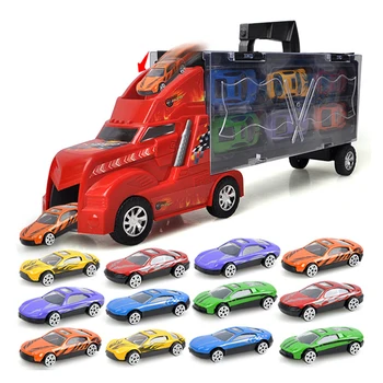

1:35 Scale Portable Design Carrier Truck Toys Plastic Body Trailer With 12PCS Hot Mini Alloy Car Wheels Kids Play Vehicles Toys