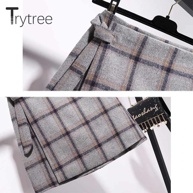 Trytree осенне-зимний комплект из двух предметов, повседневный шарф с круглым вырезом, вязанный однотонный Свободный Топ+ юбка в клетку, мини-комплект из 2 предметов