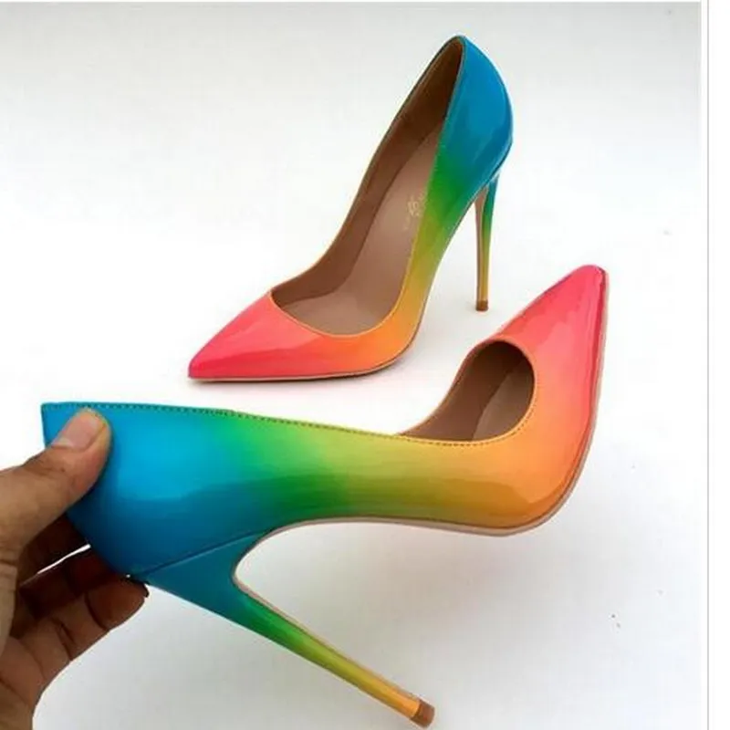 

Gradient Three Colors Women Extremely High Heels Ladies Rainbow Patent Leather Pointed Toe Stilettos Cute Pumps Shoes 8/10/12cm