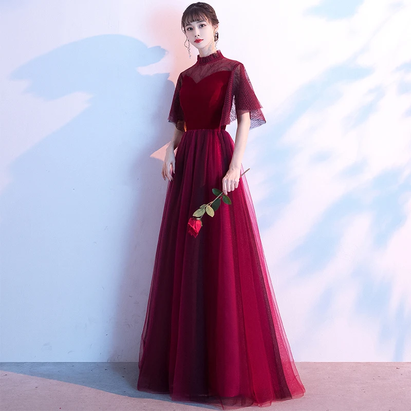It's Yiiya Evening Dress Burgundy High Collar Elegant Formal Gowns Long Plus Size Evening Dresses Zipper robe de soiree LF170