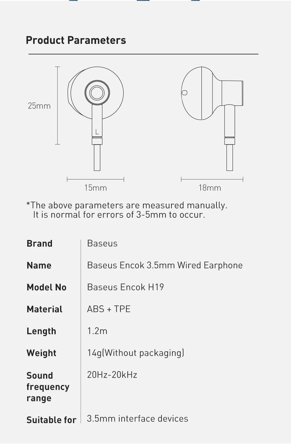 Baseus écouteurs filaires H19 stéréo 6D-10