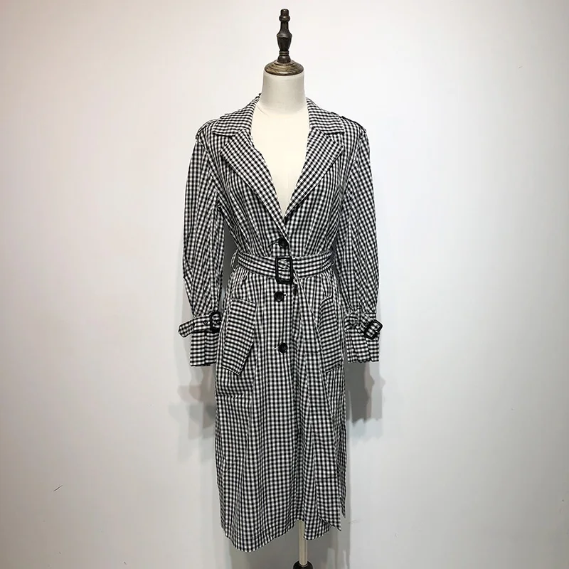 

Autumn New Black White Plaid Trench Women Medium Long Full Sleeve Coat Female Single Breasted Loose Slim Overcoat Europe Style