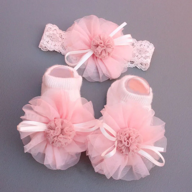 Elastic Bab Headband Socks Set 2 Pcs/Set Lace Flower Newborn Girl Short Socks Bow Crown Infant Baby Turban