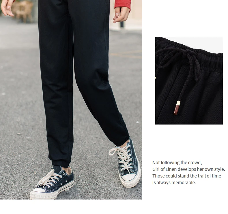 INMAN 2020 Autumn New Arrival Drawstring Elastic Waist Cotton Embroidery Micro-elastic Pencil Trousers