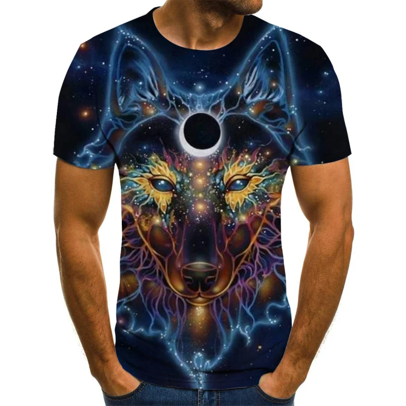 2019 Fashion trend Teen T-shirts Starry Wolf Head 3D Digital Printing T Shirts Summer Short Sleeve Tee Men Breathable | Мужская одежда