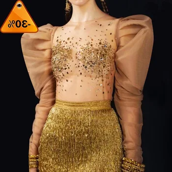 

Diamonds Women Patchwork For Blouse O Neck Puff Long Sleeve Tunic Ruched Perspective Shirt Female 2020 Fashion Tide