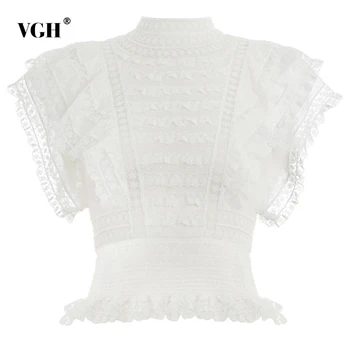 

VGH Vintage Embroidery Lace Ruffles Women' Blouse Stand Collar Petal Short Sleeve High Waist Tunic Sheath Women Shirt 2020 Tide
