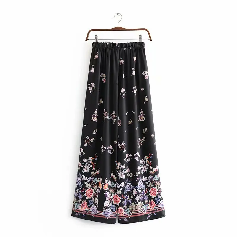 

Cross Border WOMEN'S Dress 19 Summer New Style Western Style Hem Positioning Printed High-waisted Elastic Slimming Wide-Leg Casu