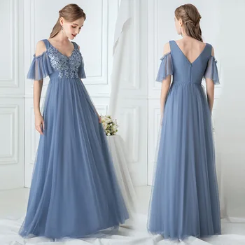 

Blue Evening Dresses Ruffles Sleeve Women Party Gowns R140 Deep V-Neck Formal Banquet Dress Embroidery Elegant Robe De Soiree