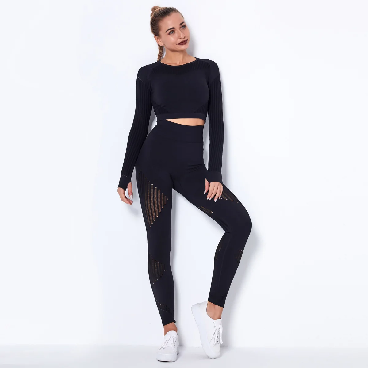 2021 Sexy hollowed-out sweatshirt Seamless cut blouse long-sleeved Fitness Yoga shirt Gymnasium exercise shirt exercise shirt white pants