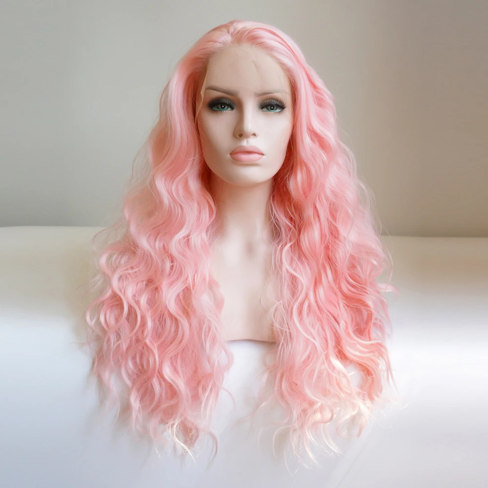 CosplaySalon 24 дюйма розовый/светло-блонд/белый/черный длинные кудрявые Женские синтетические волосы термостойкие кружева передний парик+ шапка - Цвет: Pink