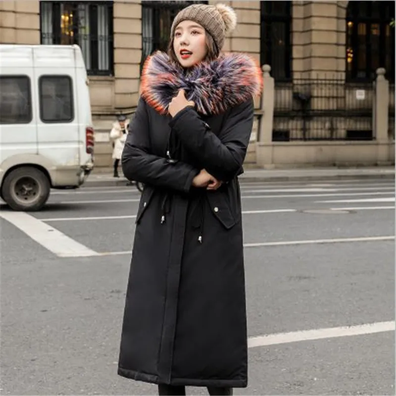 Manteau Femme hiver2019, модные длинные зимние парки для женщин, плюс размер 6xl, пальто с хлопковой подкладкой, с капюшоном, цветной меховой воротник, верхняя одежда 152